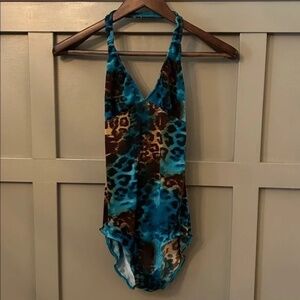Onzie Yoga Halter Leotard One Piece Leopard Print Teal Blue One Size Fits All